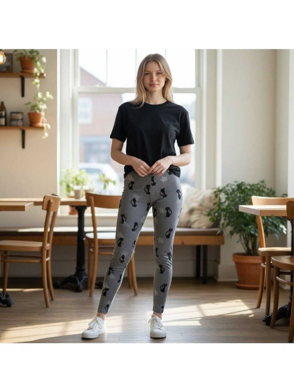Feeling Festive Womens Gray Leggings With Black Cat & Spiderweb Print Medium Pol